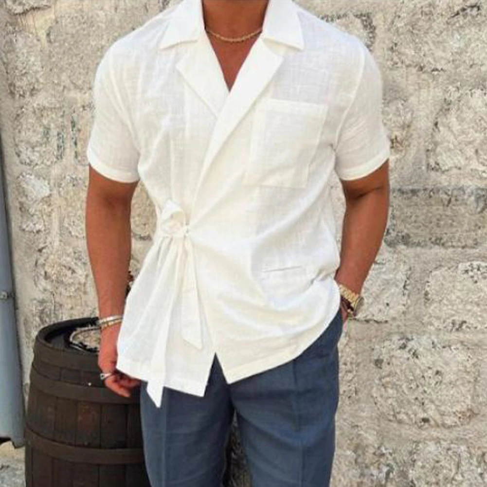 

Mens Shirt Shirts Short Sleeve Apricot Summer Black White Lace-up Party Regular Blouse Button-Down Casual Clothing