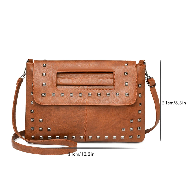 Nowa Modna Damska Torba na Ramię Retro Elegancka Torba Kopertówka z Nitami Luksusowa Torba Kurierska z PU na Dojazdy do Pracy, Zakupy, Randki, Torebka