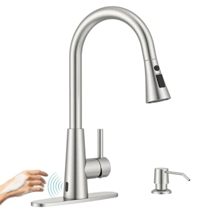 

Touchless Kitchen Faucet with Soap Dispenser Brushed Nickel Side Motion Sensor Lead-Free Faucet Single Hanle 3-Mode Hands-Free
