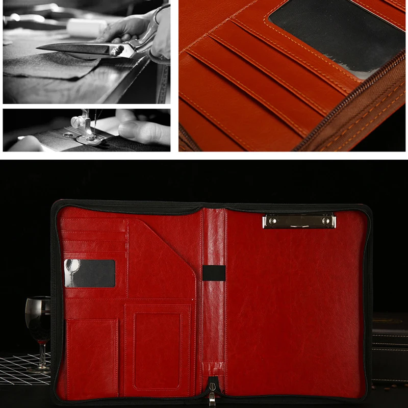 Handmade A4 Leather File Folder Contract Conference Clip Folder Zipper for Business Stationery Organizer Clipboard Phone Holder