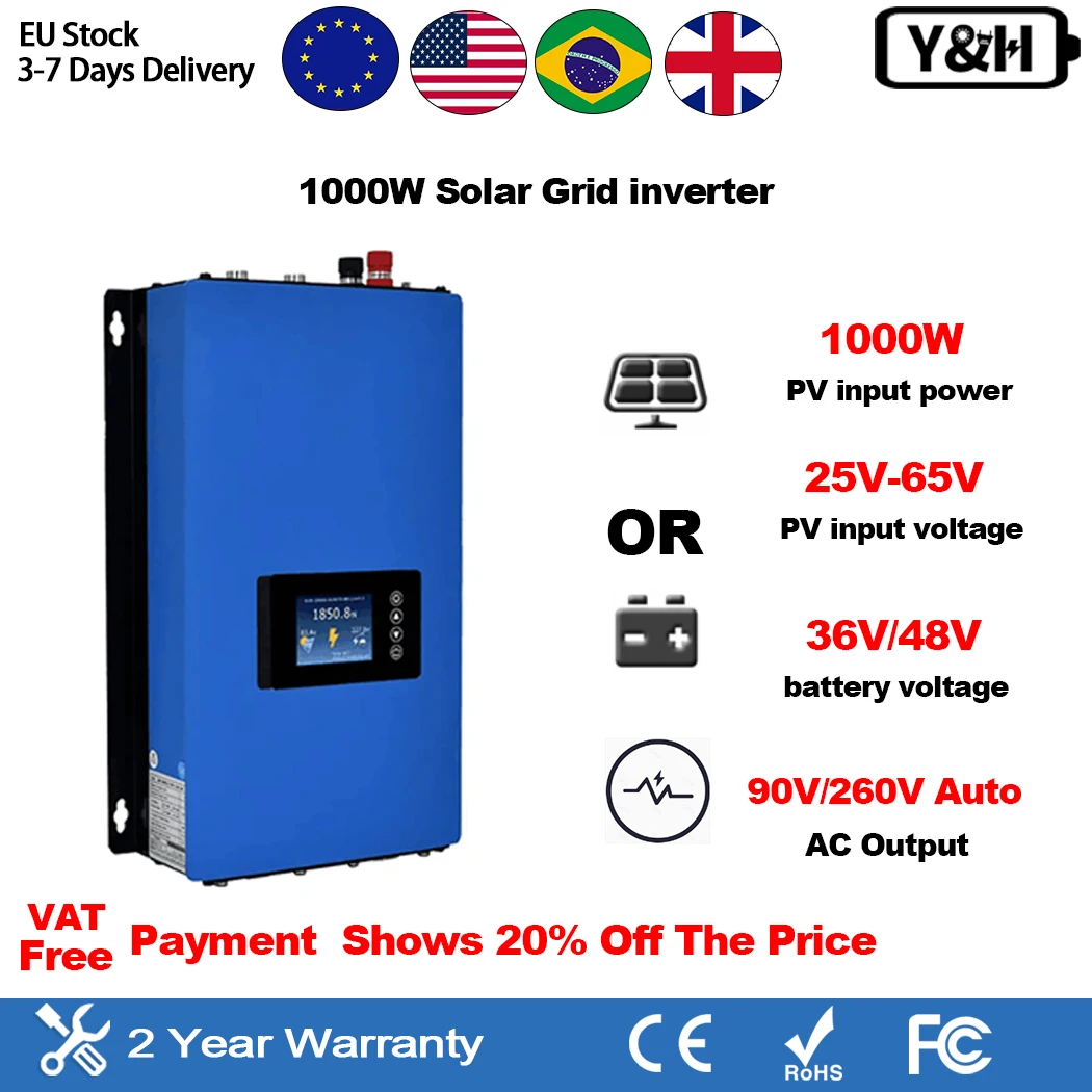 Y&H 1000W MPPT Grid Solar Inverter with Limiter Sensor 36V/48V Battery PV 38V to 60V DC AC110V/230V Auto Battery Discharge