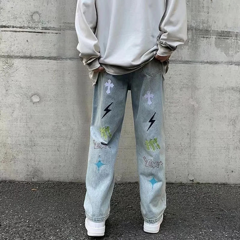 ICCLEK New Jeans Men's Casual Pants Fashionable Loose Straight Leg Wide Leg Pants