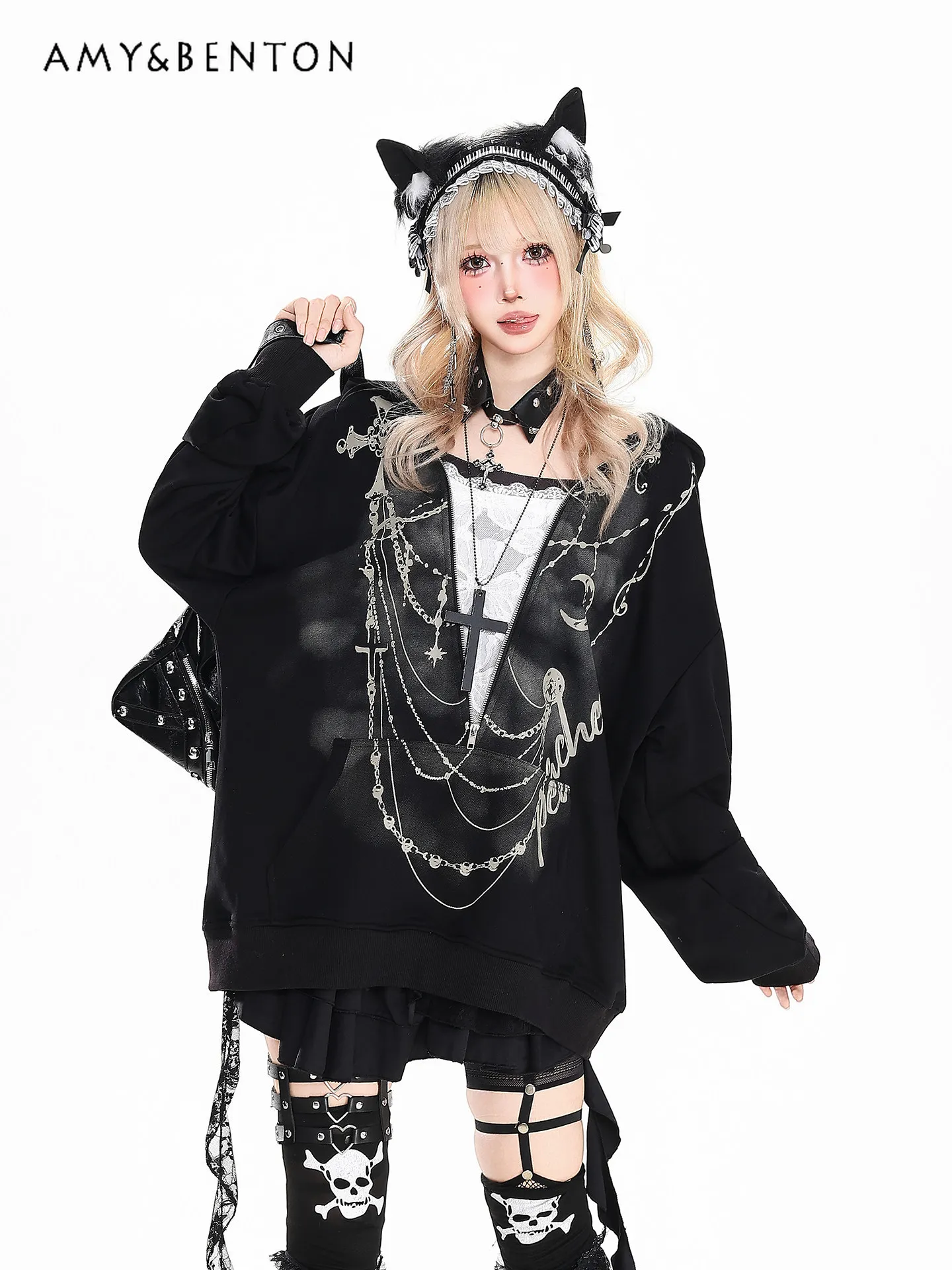 

Spring Autumn New Subculture Retro Chain Print Fake Two-Piece Gray Hooded Sweatshirt for Women Loose Casual Black Hoodie