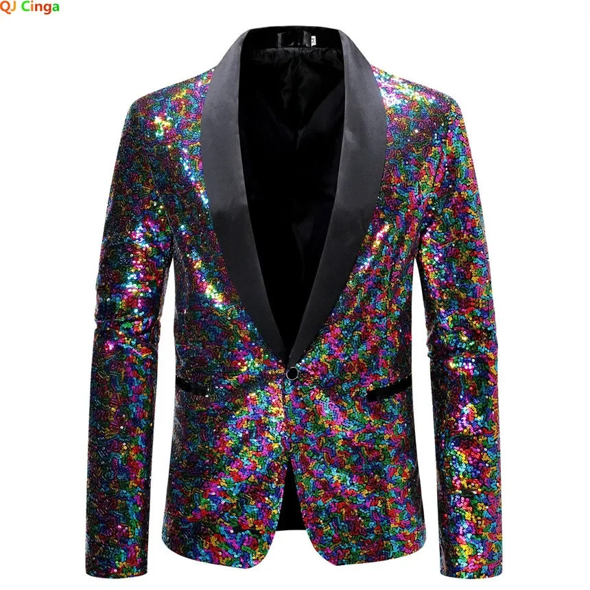 Men\'s Colorful Glitter Sequins Decoration Black Collar Blazer, Wedding Party Dress Coats, Blue Male Suit Jacket S M L XL XXL