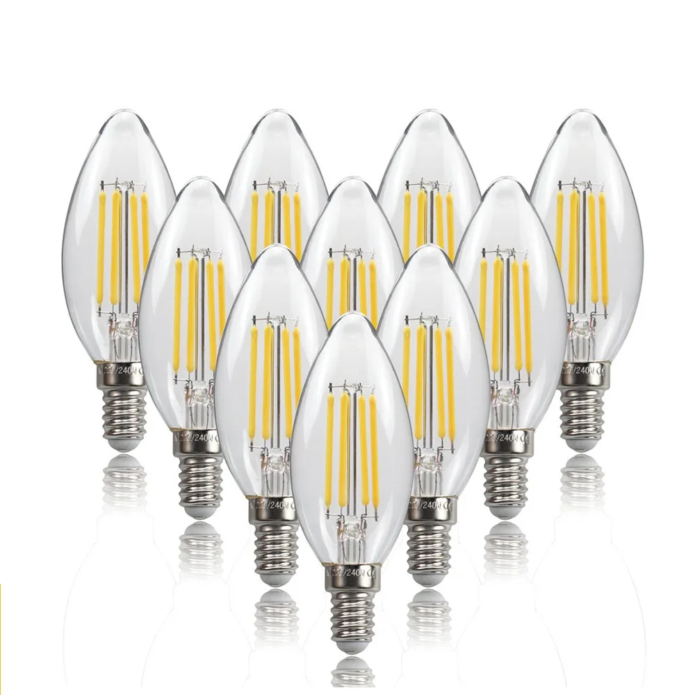 

10pcs E14 LED Bulb AC220/240V 4W 6W C35L Filament Candle Light C35 Edison Glass Bulb Retro Antique Vintage Style Cold White Warm