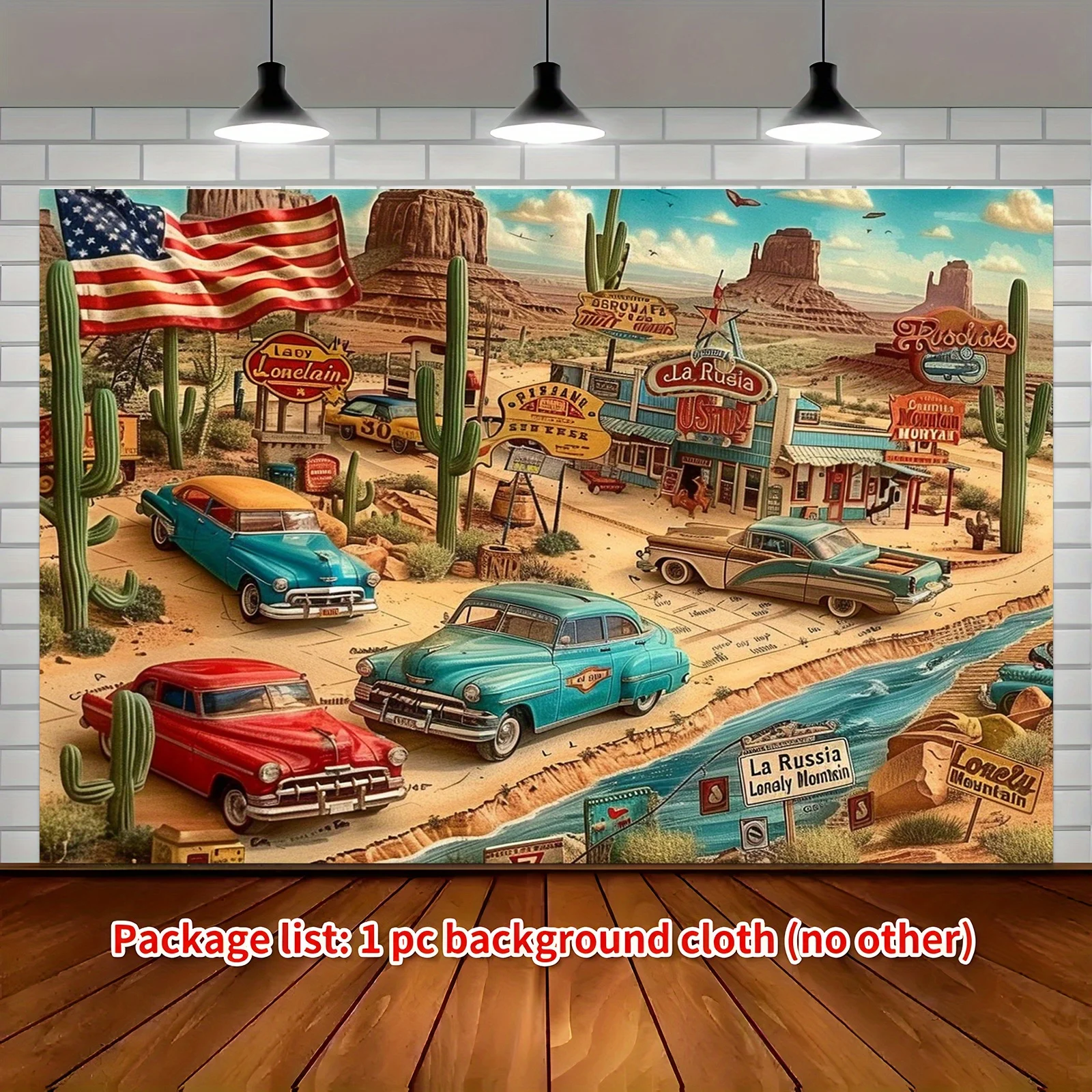 Vintage Route 66 Tapestry, Retro American Cars Desert Wall Hanging, USA Flag Cactus Town Backdrop, Man Cave Garage Room Decor