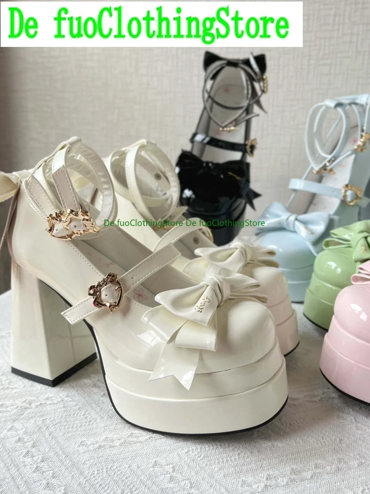 DefuoClothing Lolita High Heels WomenJapanese Ballet Style Sweet Cute Bow Girls Lady RoundToe Square Heel Leather Shoes Lo Pumps