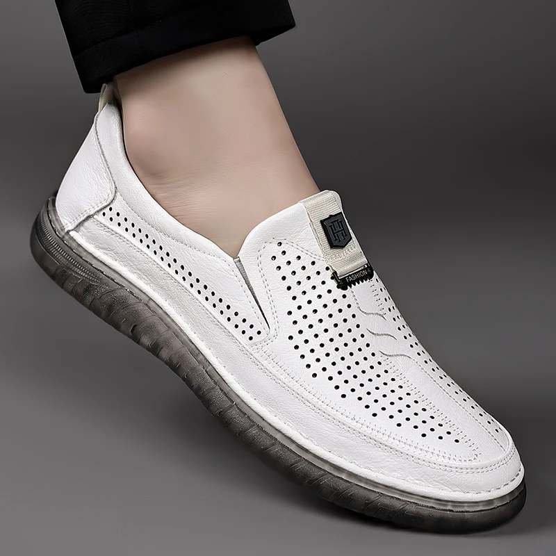 Summer White Perforated Leather Shoes Mens Slip on Shoes Genuine Leather Male Comfortable Casual Shoes Male Comfortable Loafers