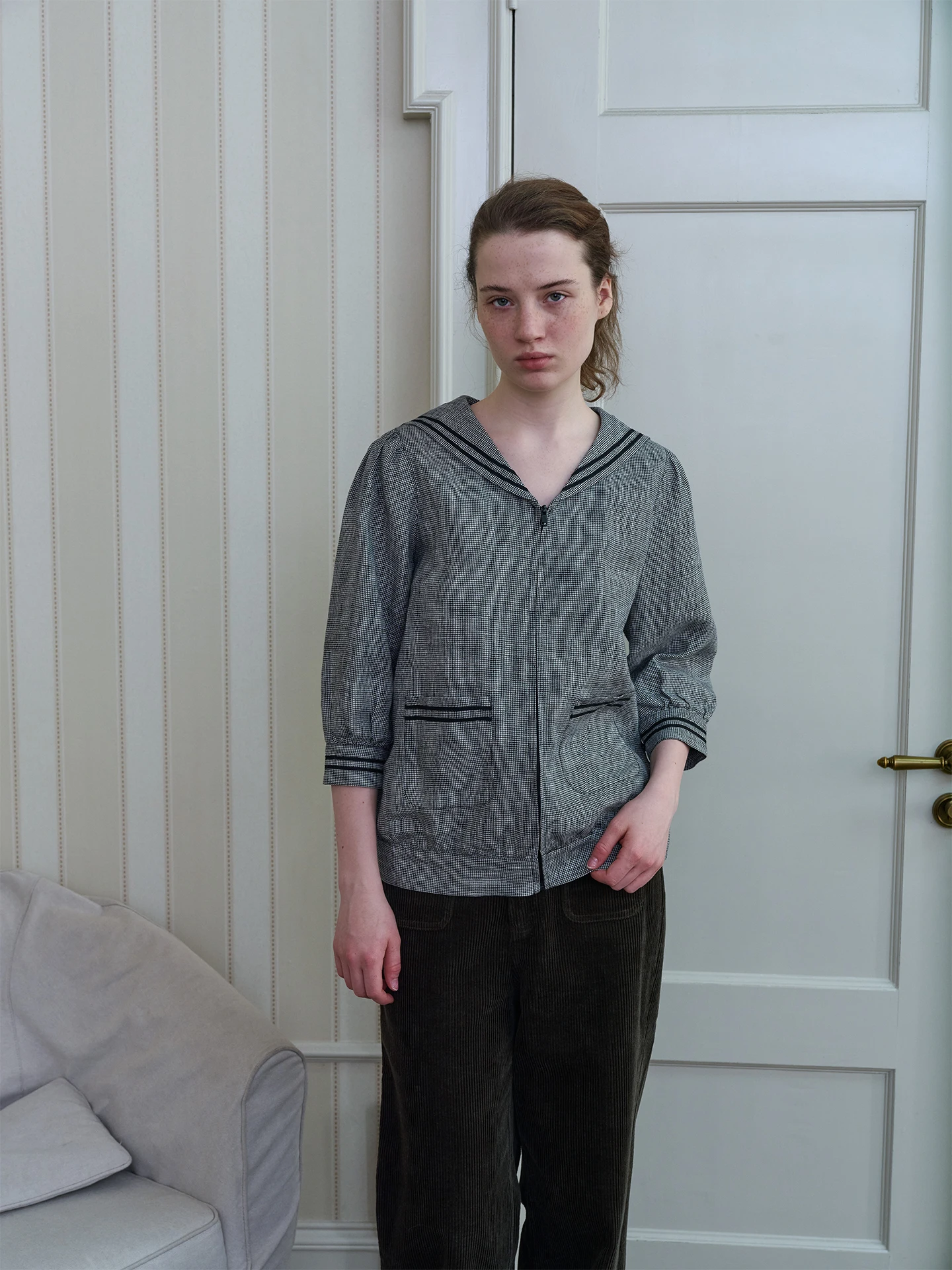 

Rien Rien Linen Gingham Sailor Collar Casual College Sle Zipper Cardigan Spring Summer New Arrival Women's irt