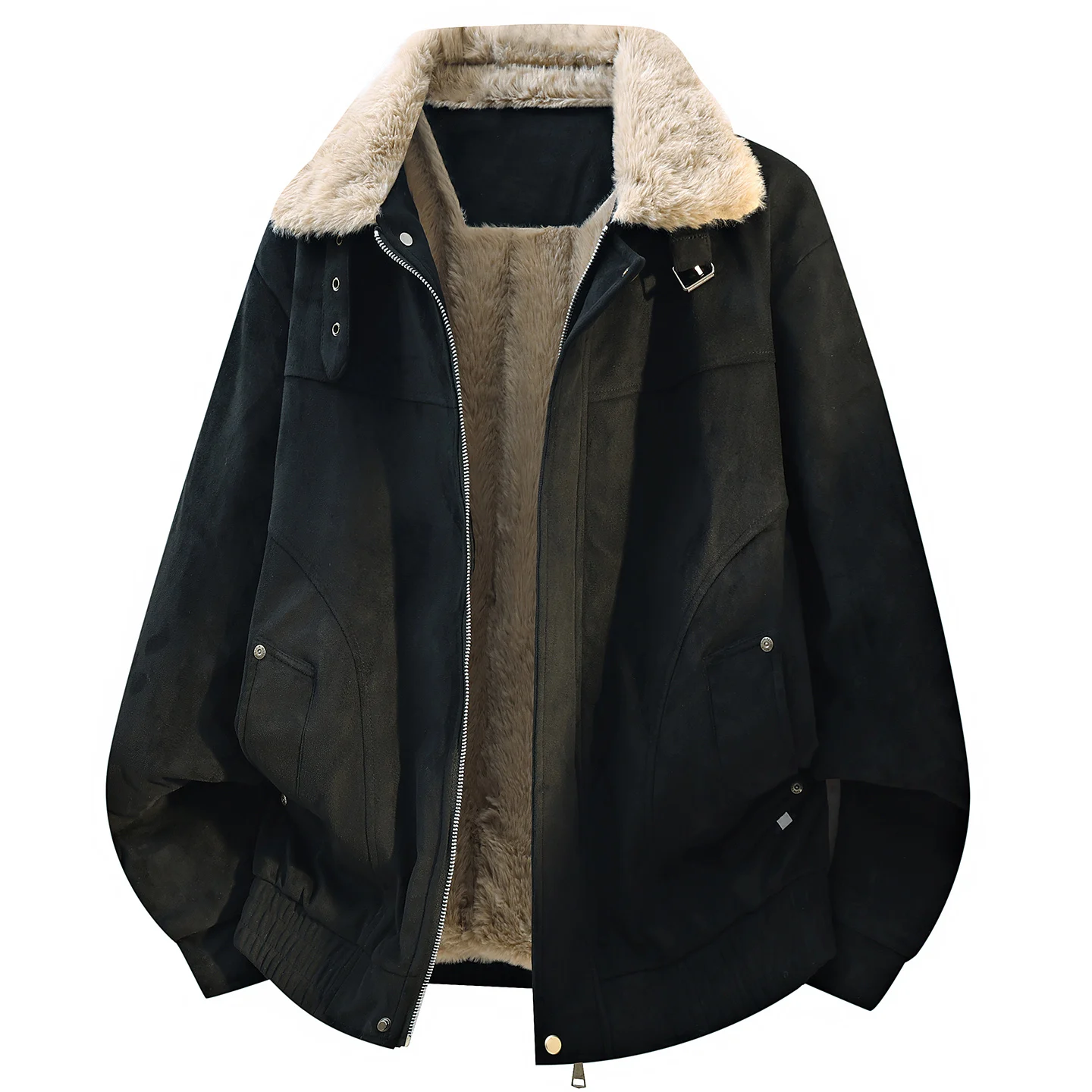 Men Winter Fleece Lined Lapel Jacket, Casual Thick Warm Outerwear, Zip Up Pockets Windproof Coat for Men Daily Streetwear