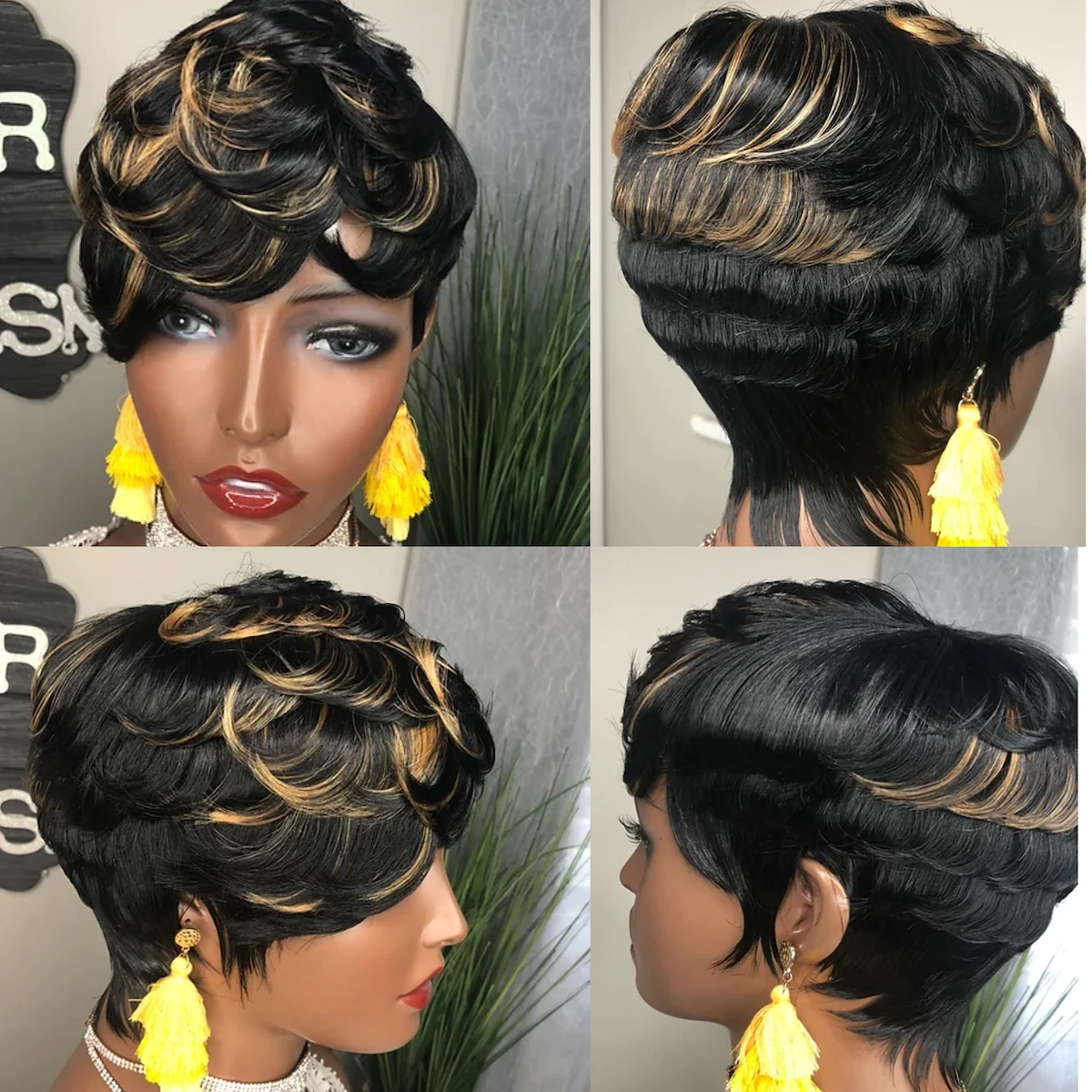 WIGERA sintetico evidenziare a buon mercato Ombre nero biondo oro corto dritto Pixie Cut capelli parrucca Bob con frangia riccia capelli per le donne