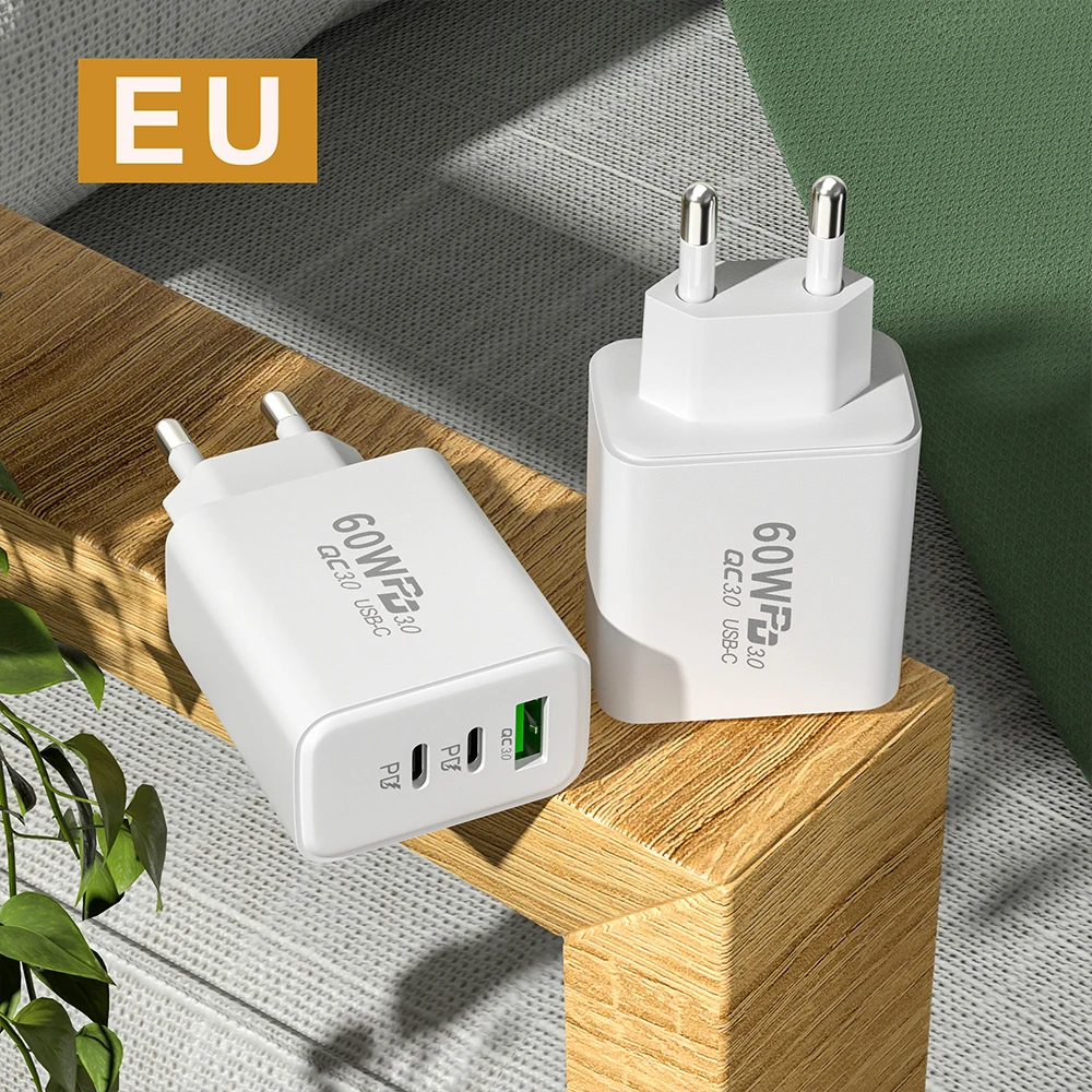 3 Ports 60W USB C Charger EU/US Plug PD QC3.0 Wall Phone Charger USB Type C Fast Charging Adapter For Samsung Xiaomi Huawei