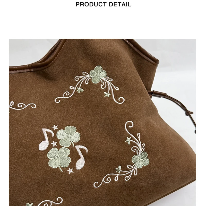 Koreanische Umhängetasche mit Kordelzug, ethnische Blumen- und Musiknoten-Stickerei, große Handtasche für Damen, Vintage-Handtasche für den Winter. – Detail 4