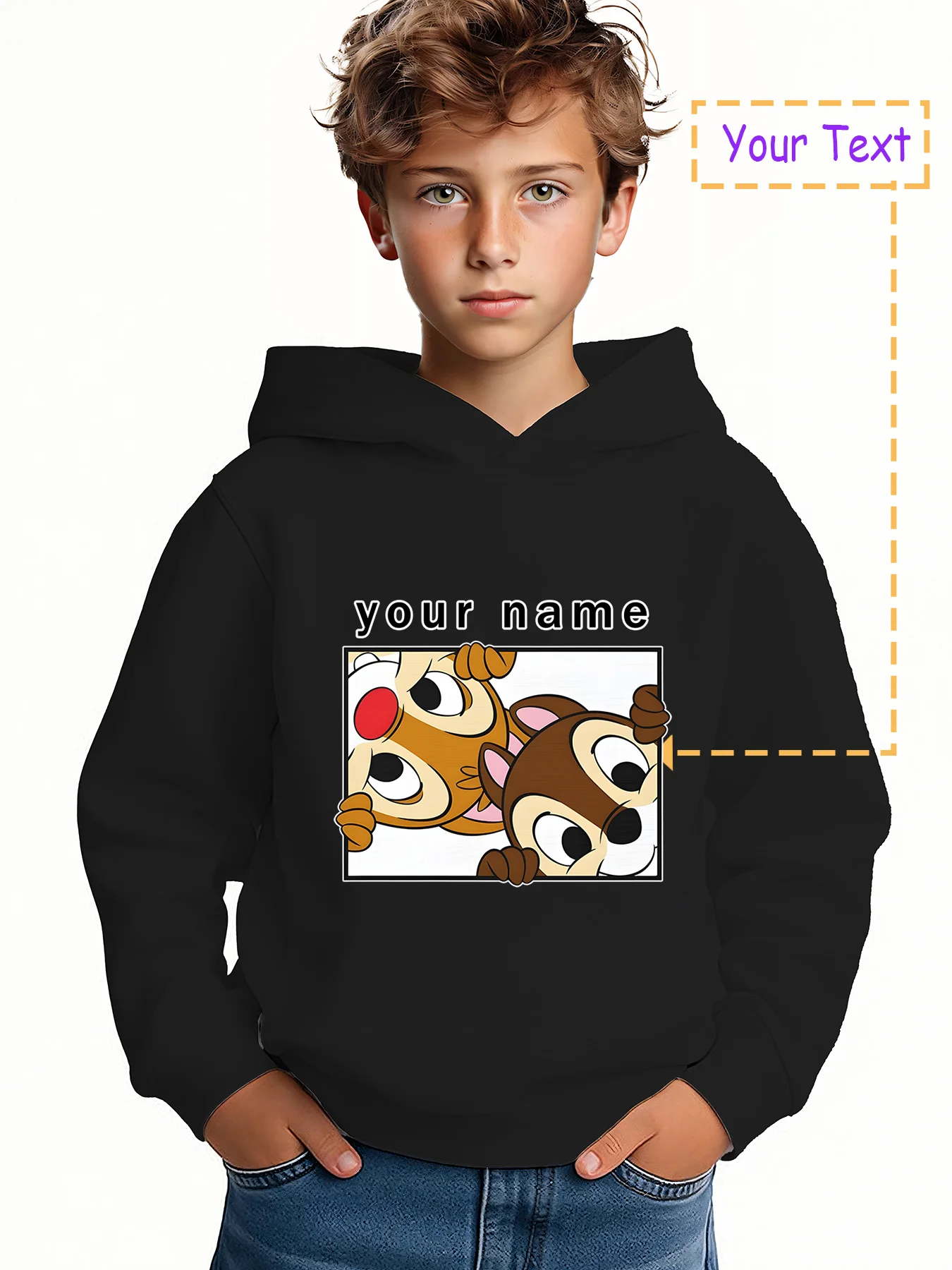 

MINISO Chip & Dale Peek Hoodie - Chip & Dale Peek graphic with "your name" above. Authentic Disney print with cute black