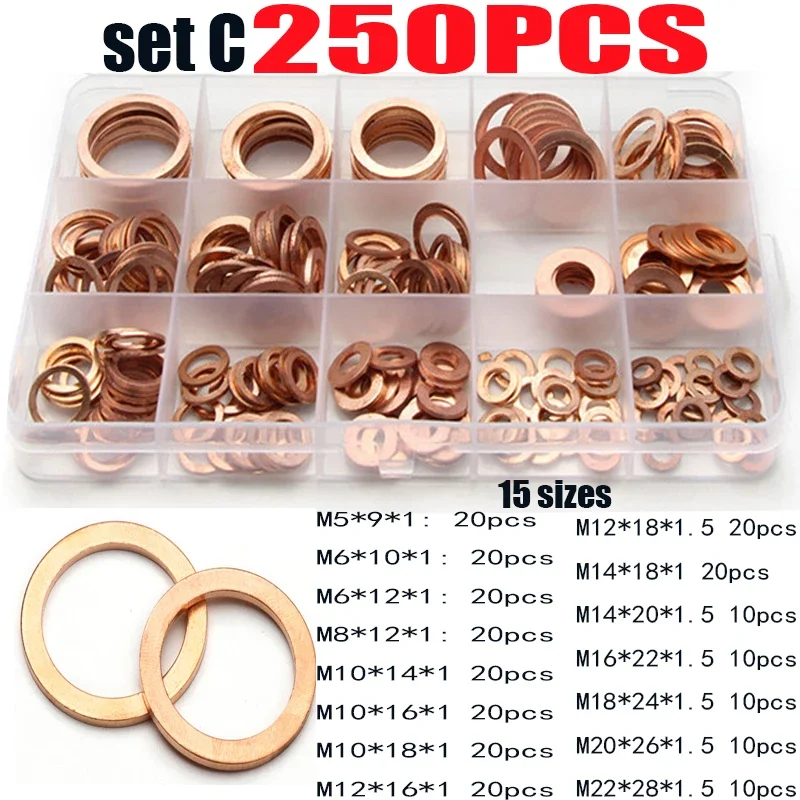 250/300/568pcs Copper Washer Kit M4-M28 Flat Seal Rings for Oil/Water/Boat Applications O-Ring Gaskets