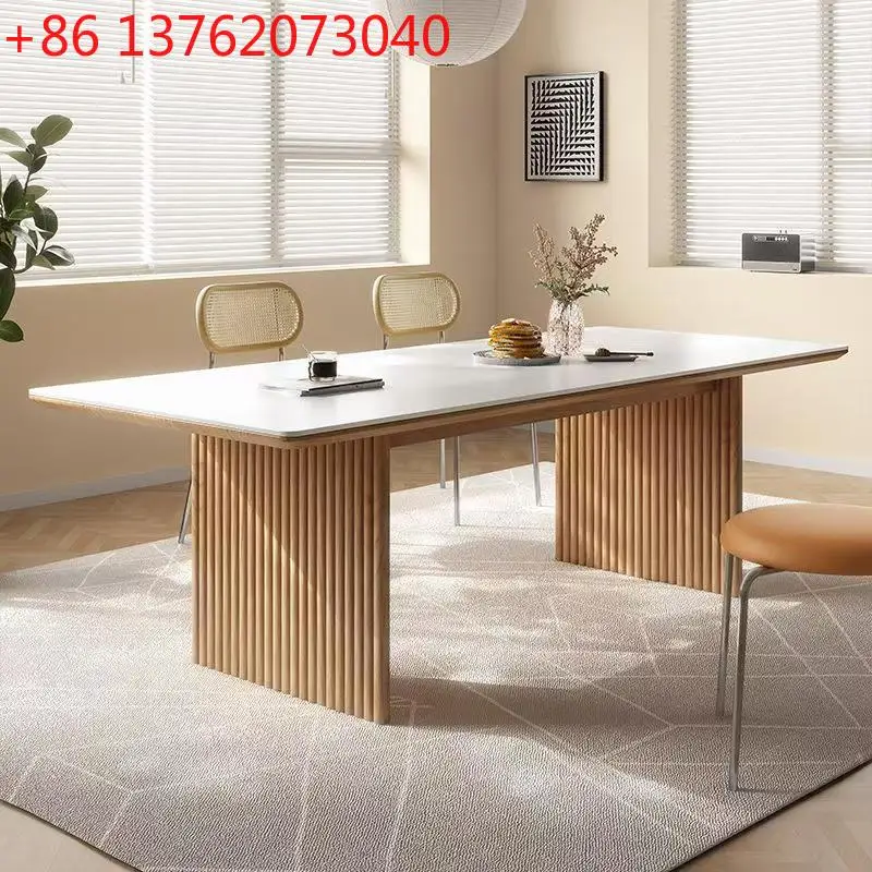 طاولة طعام من الخشب الصلب، طاولة طعام حديثة وبسيطة وخفيفة فاخرة، مستطيلة الشكل، شمع أبيض #1