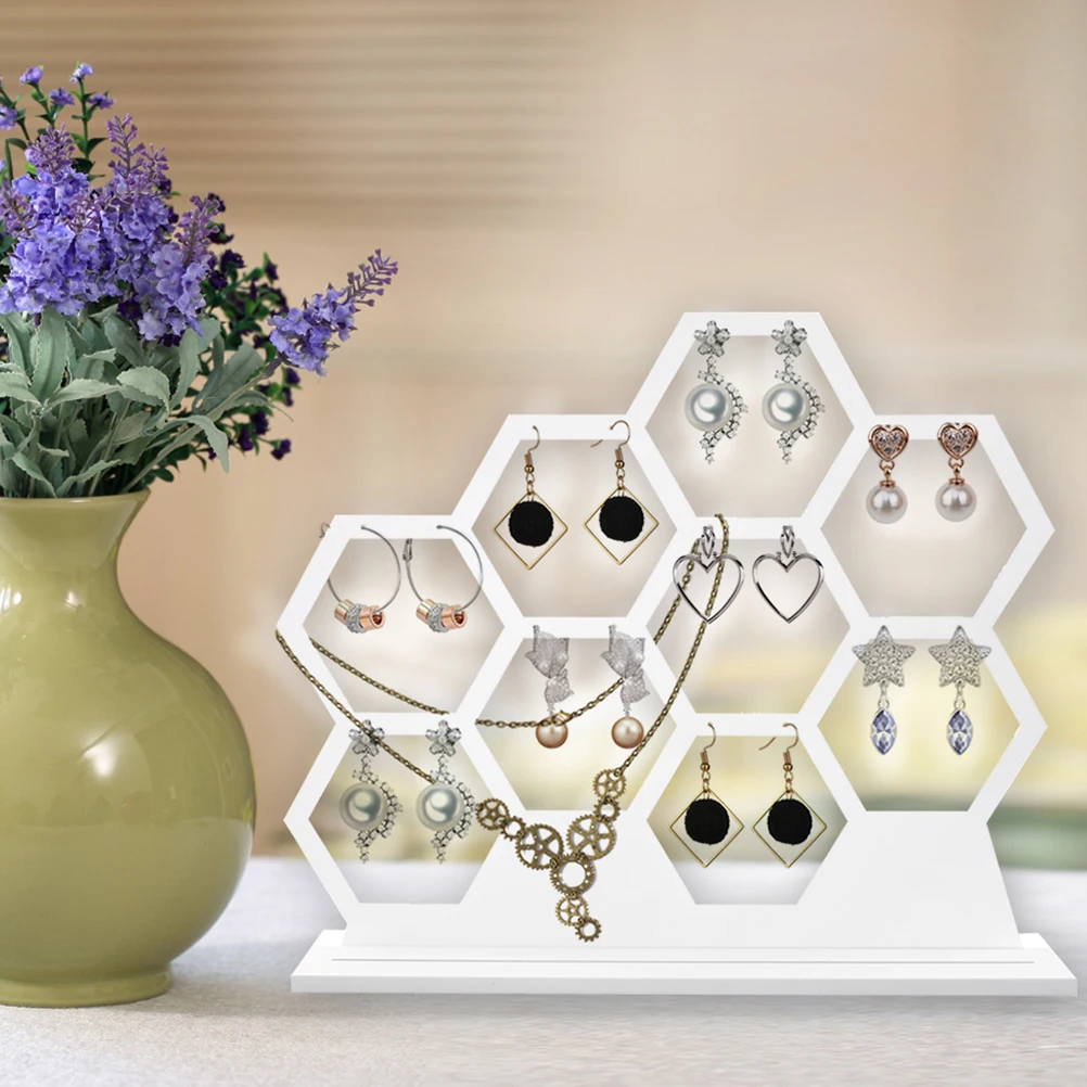 Earring Holder Unique Jewelry Display Stand Studs Storage Rack Heavy Honeycomb Wooden