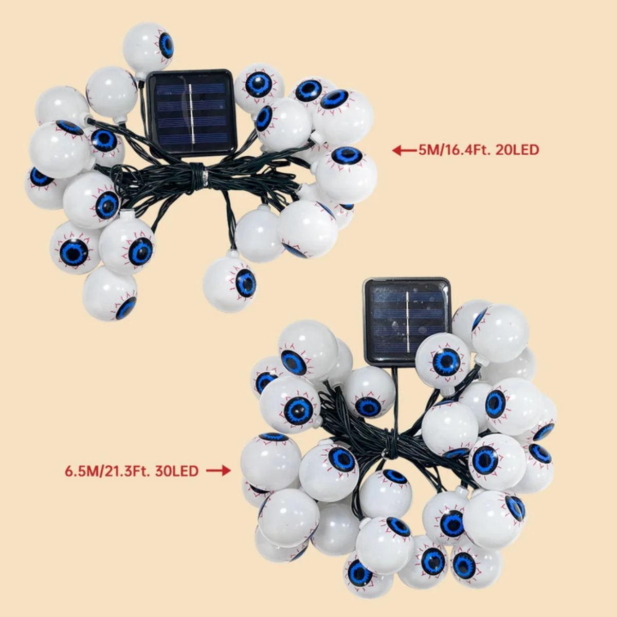 Roxo Eyeball String Light com 8 modos de iluminação, à prova d'água, Solar Powered, Halloween Lights, Casa, Dia das Bruxas, 1PC, 20 LED, 30 LED