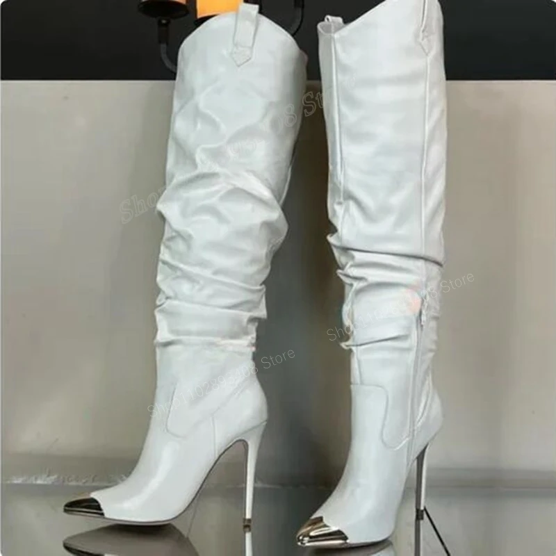 

White Pleated Design Knee High Boots Metal Pointed Toe Stiletto High Heel Zipper Women Shoes 2023 Fashion Zapatos Para Mujere