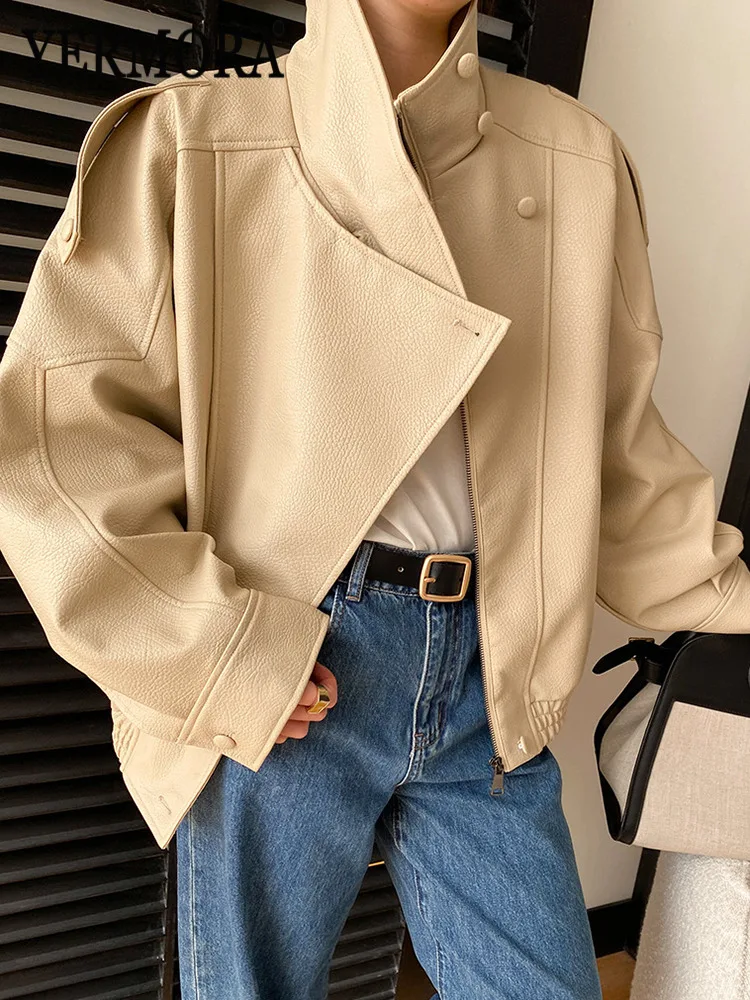 

YERMORA Apricot Asymmetric PU Leather Zipper Jacket For Women Lapel Long Sleeve Loose New Coat Fashion Tide Spring Autumn 2026
