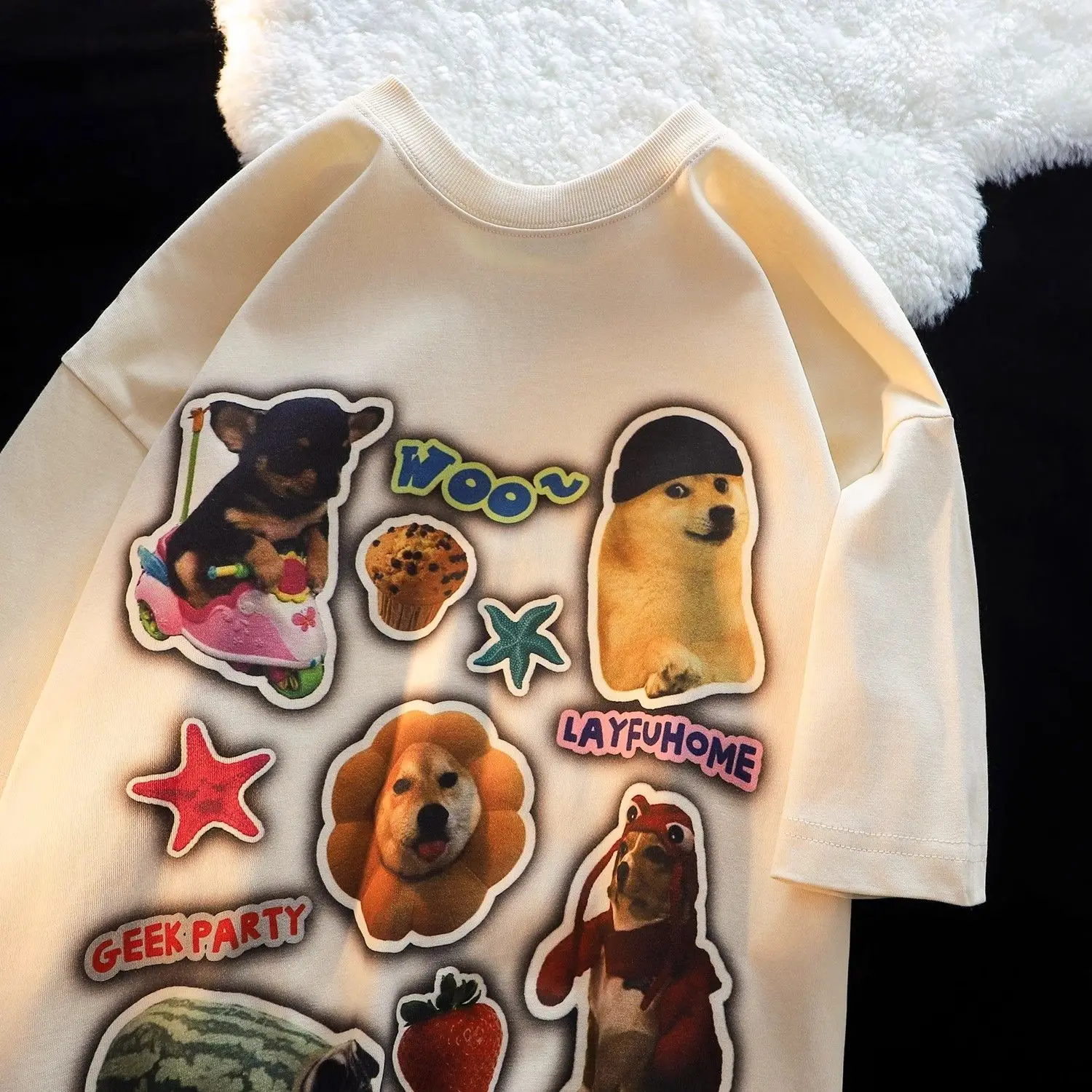 American retro fun puppy print cotton short-sleeved T-shirt for men and women summer loose ins style niche couple tops