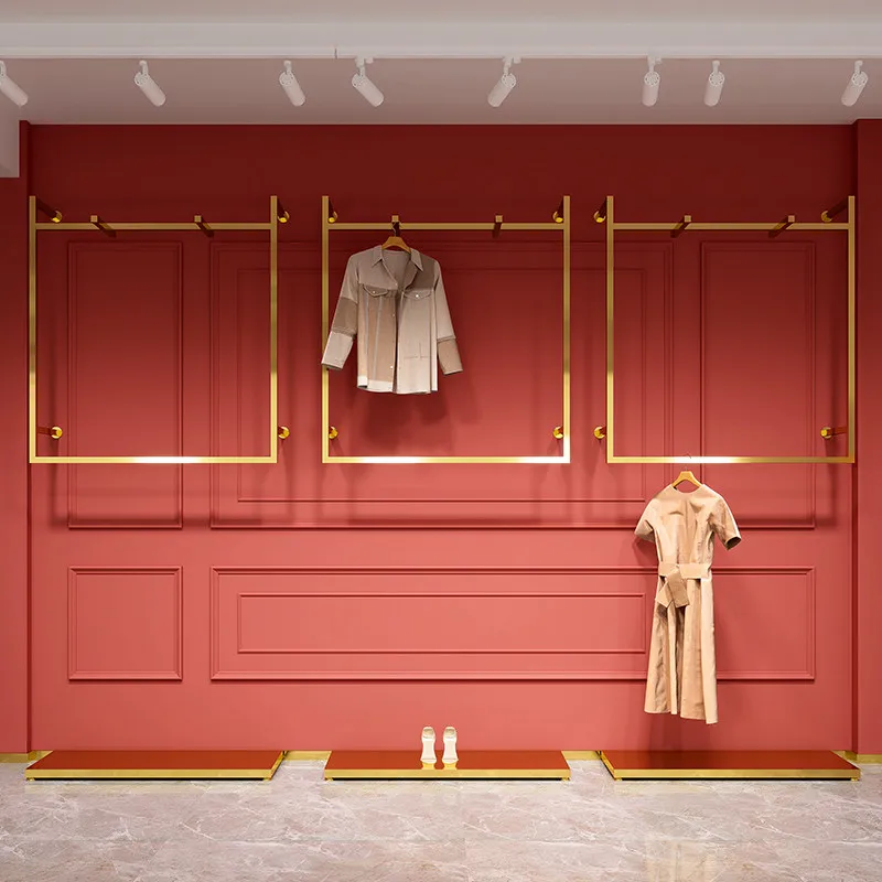 &Clothing Store Display Rack Wall-mounted Floor Stainless Steel Titanium Gold Modern Simplicity Flat Pack Women's Clothing Shelf