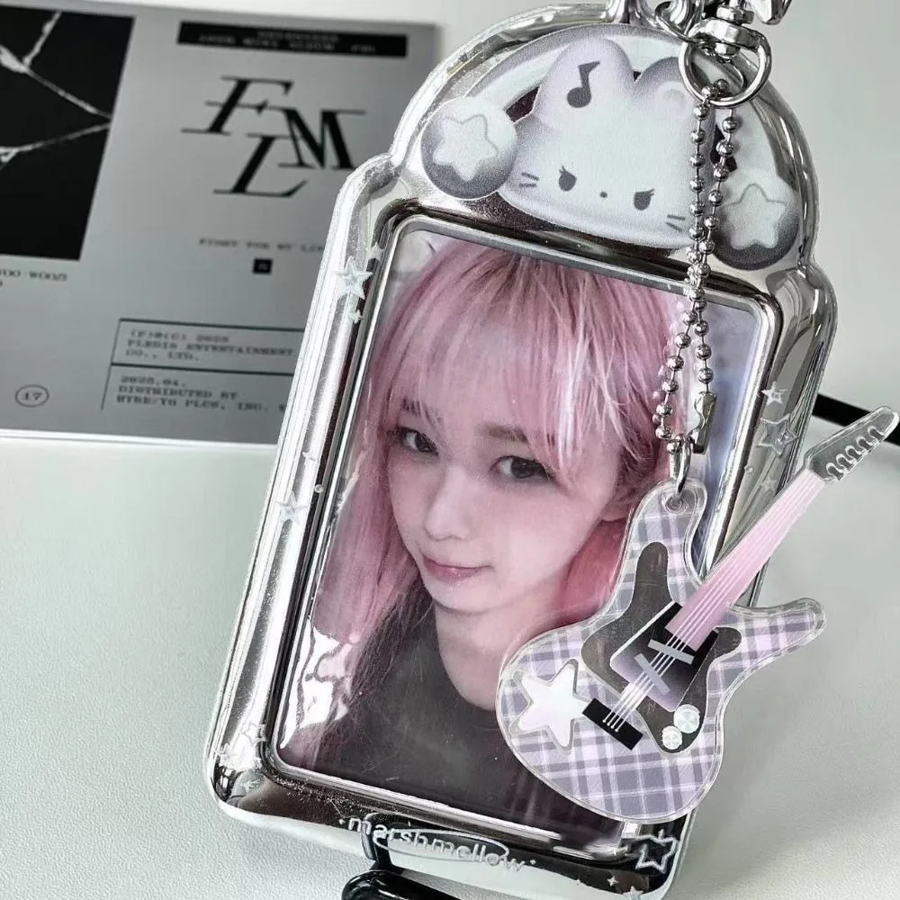 かわいい3インチフォトカードホルダー ロック子猫 PVCフォトカード スプリングキーホルダー 透明アイドルフォト保護ケース KPOPフォトフレーム