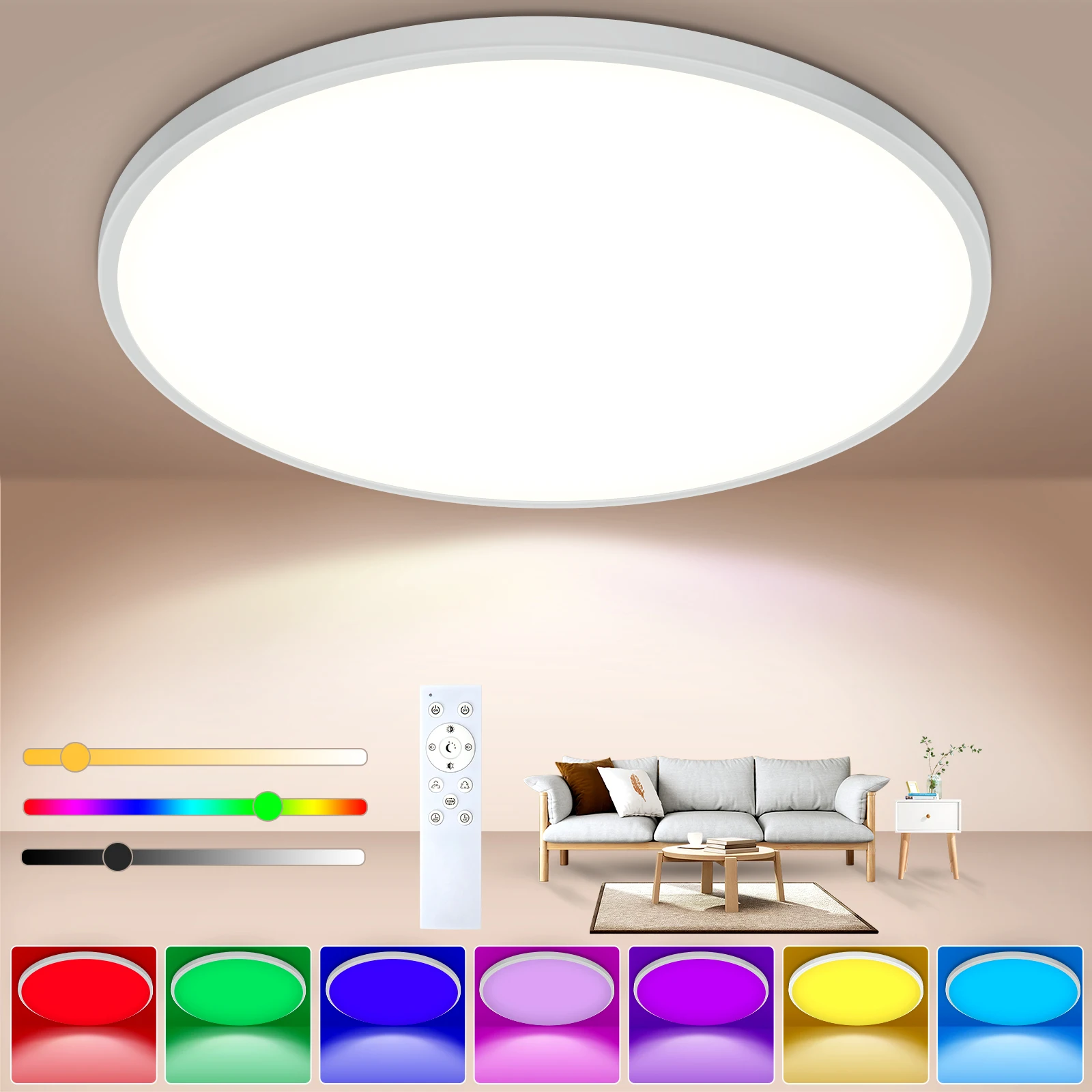 Dimmable LED Ceiling Light 24W, RGB Color Changing Ceiling Lamp for Bedroom Balcony, 1800LM 3000K-6500K Flat, Ø30cm, 7 Colors