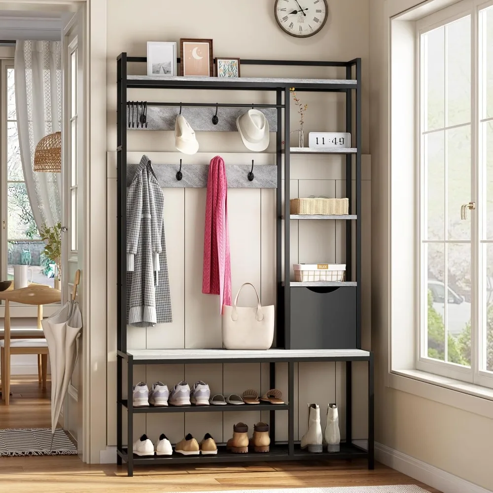 

5 in 1 Hall Tree w/Bench and Shoe Storage, Coat Rack Freestanding, 5-Tier Shelves, Side Hooks, Sturdy Metal Frame with 12 Hooks