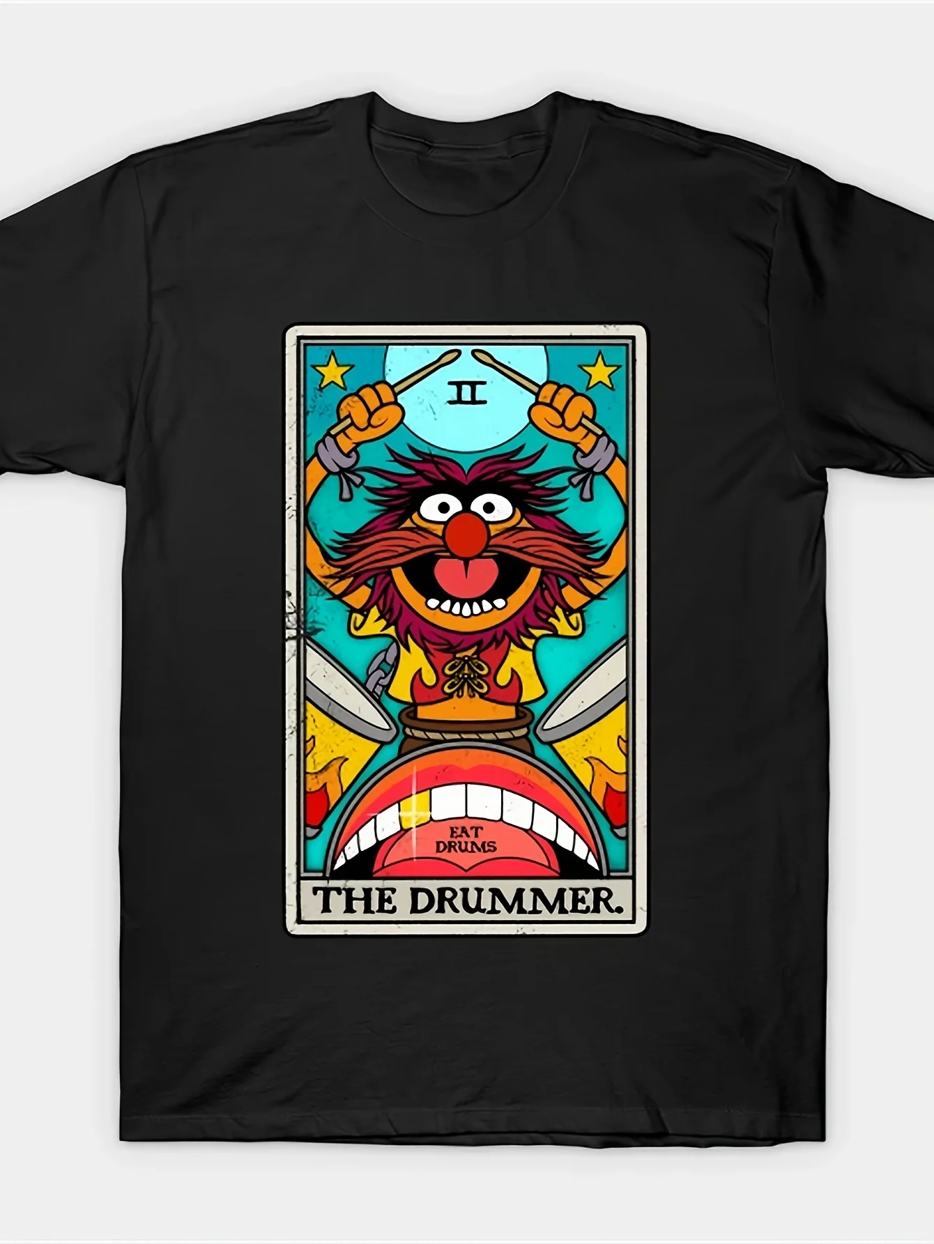 تي شيرت رجالي من القطن برسومات 'The Drummer' أسود برقبة دائرية وأكمام قصيرة تي شيرت صيفي كاجوال لمحبي الموسيقى