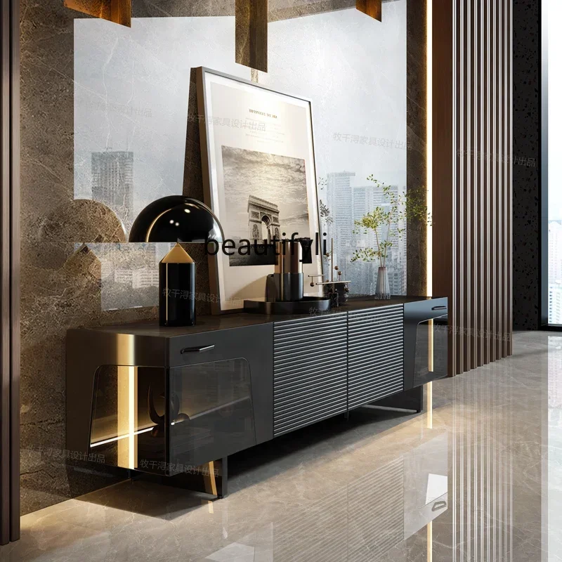 

A Italian TV Cabinet Villa Living Room Black Suspended Storage Stone Plate Floor Cabinet with Lights