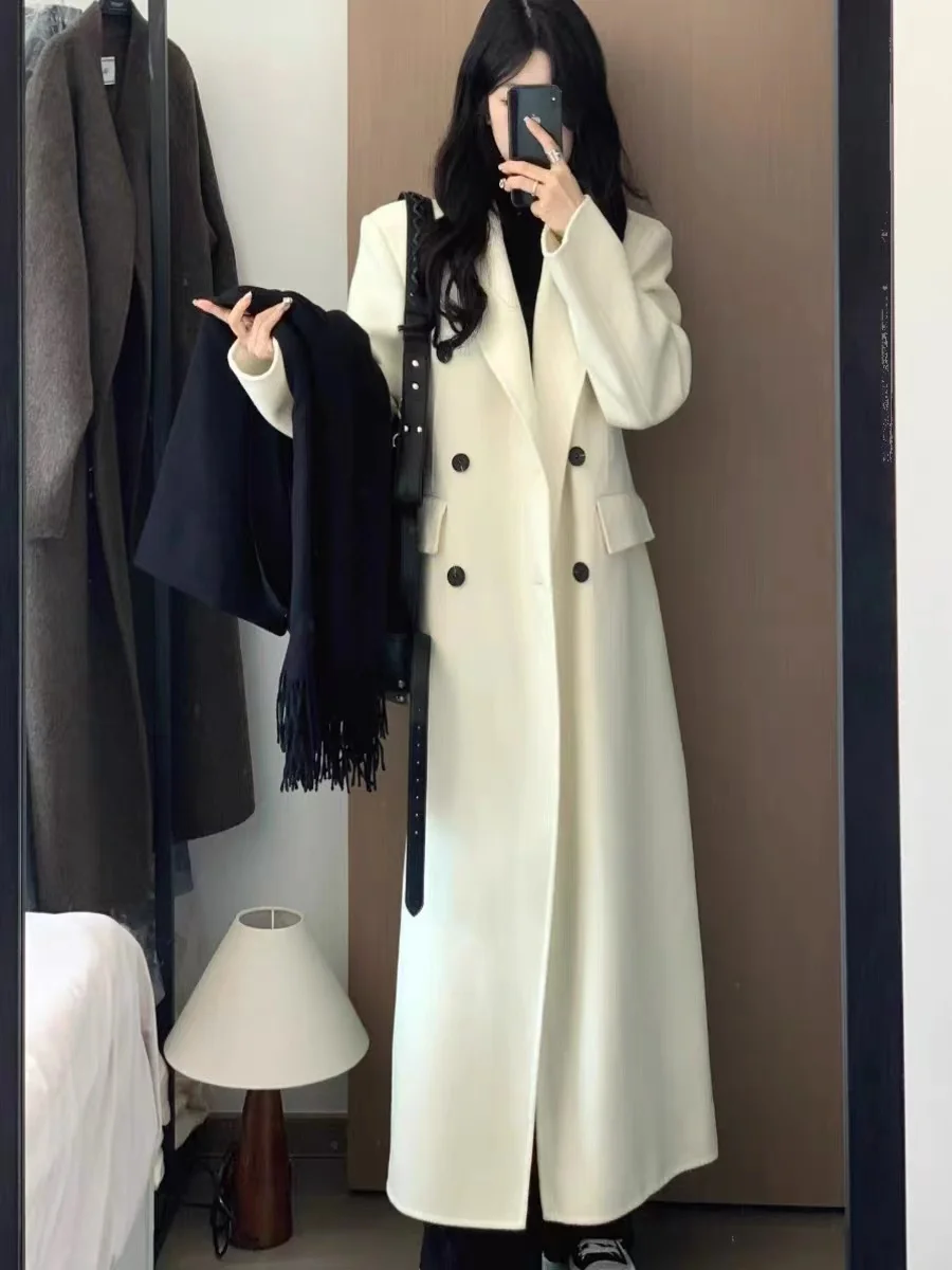 

Korean Drama Wealthy Female Lead Overcoat Double-Sided Woolen Knee-Length Midi Coat Long Sleeve Business Style Button Closure