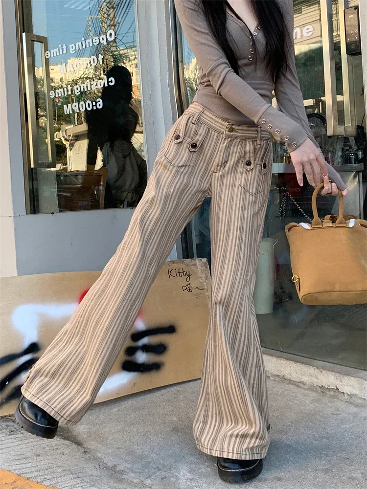 Y2K Jeans vintage da donna Old Money Pantaloni skinny in denim a righe a vita bassa Moda retrò coreana chic