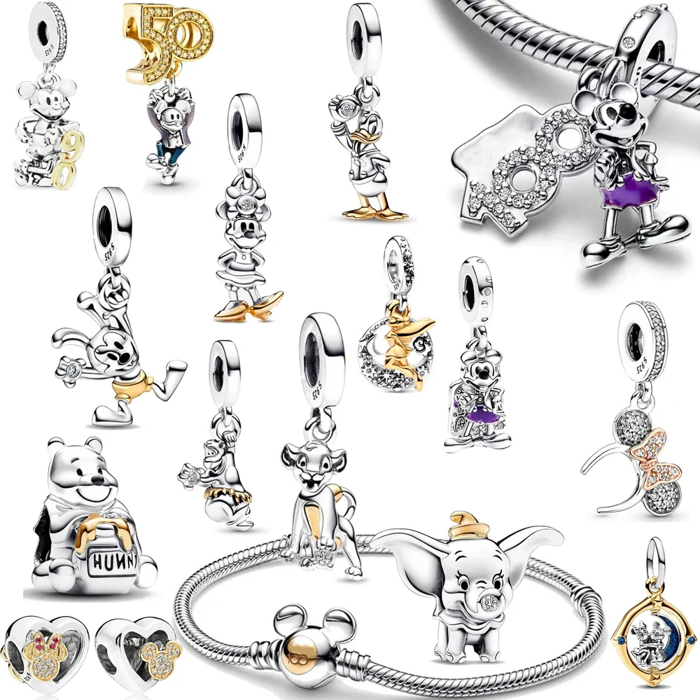 Disney-abalorio de plata de ley 925, cadena con cuentas de Mickey, compatible con pulsera Pandora Original, joyería para mujer, 925