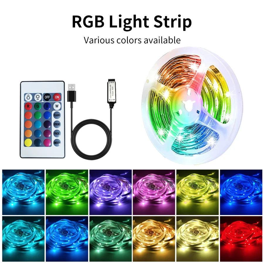 5V USB RGB LED Strip Lights Tape with IR 24 Key Remote Controller 2M 3M 5M 10M 15M Flexible Diode Ribbon TV Backlight Room Decor