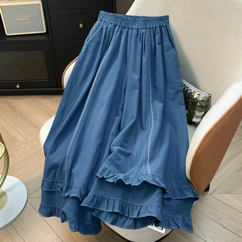 

Loose Casual Wide Leg Pants Women's Summer Style Floral Embroidery Ear Mushroom Splicing Hemline Cotton Blend Comfortable Tro...