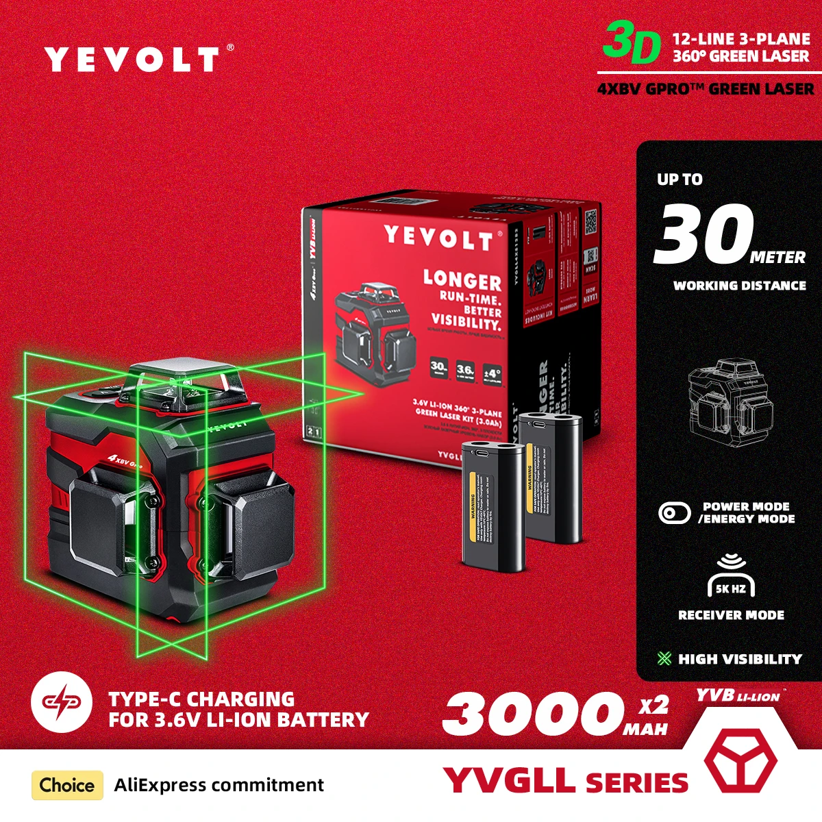 YEVOLT YVGLL4XS12DP Series Green Laser Level 3-Plane 12-Line Self-leveling 360 3D Horizontal & Vertical 3.6V 3Ah Power Tools