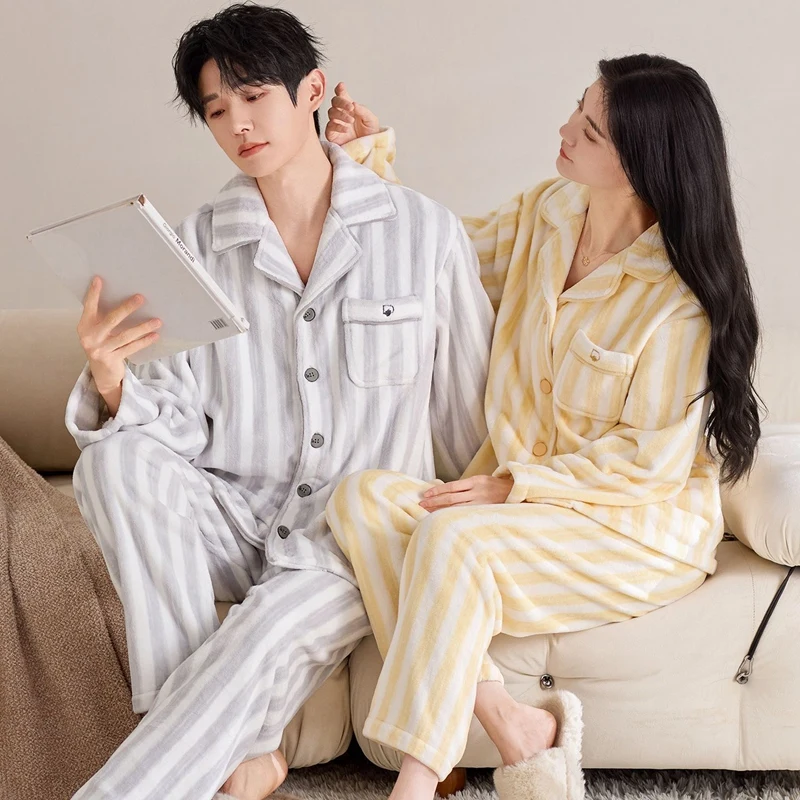 

Новые зимние парные толстые теплые фланелевые пижамные комплекты с длинными рукавами для мужчин, повседневная полосатая одежда для сна, женская домашняя одежда, домашняя одежда