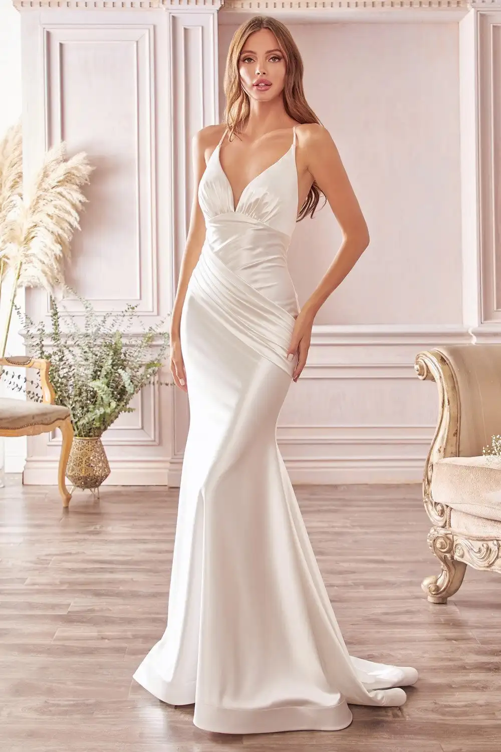 Cetim Spaghetti Vestidos de casamento, Elegante V-Neck, Sem mangas Backless, Vestidos de noite formais, Pregas Sereia Vestidos De Noiva