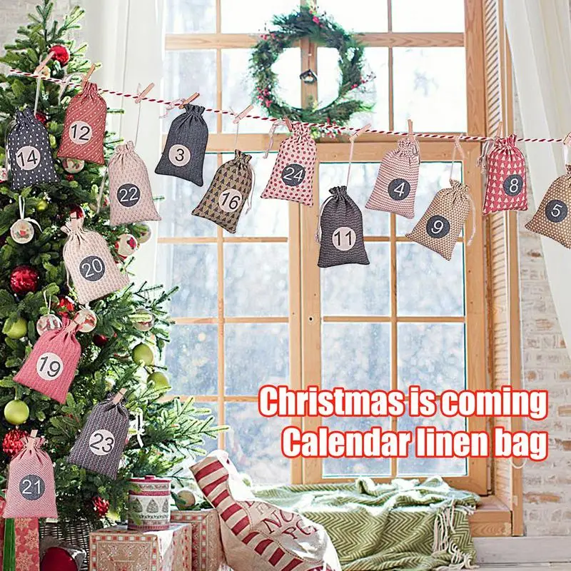 2024 24Days Christmas Advent Calendar Bags Advent Calendar Candy Gift Bag For Children Noel Drawstring Gift Bags For Kids