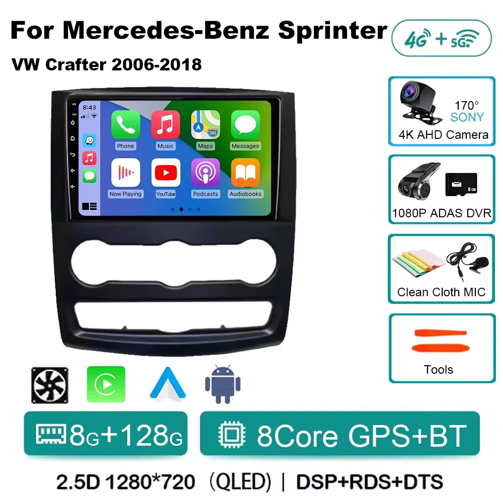 Voor Mercedes-Benz Sprinter W906 VW Crafter 2006-2018 Android 15 Autoradio 2 K QLED Scherm navigatie Draadloze Carplay Auto