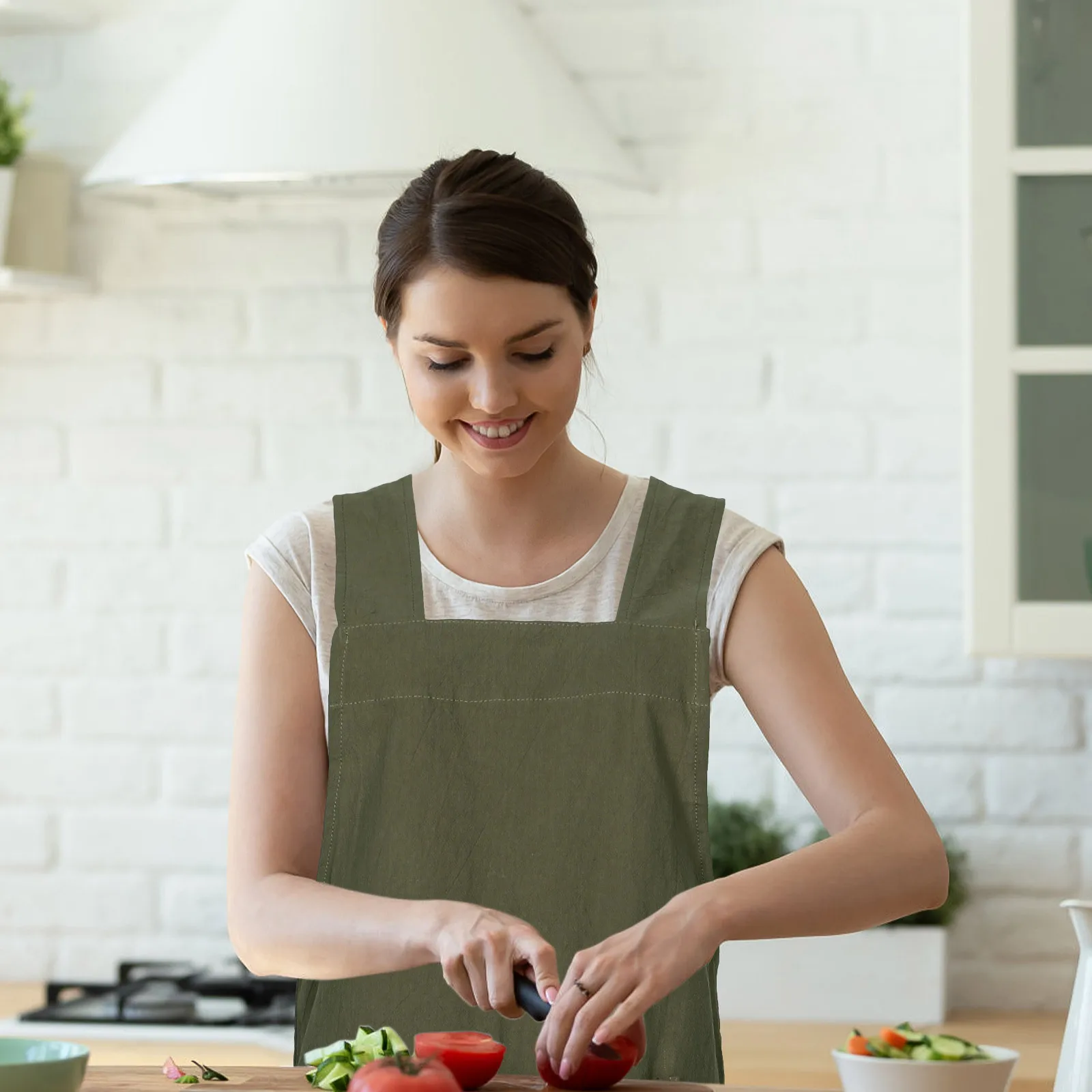 

Summer No Tie Apron Cotton Faux Linen Cross Back Pockets For Kitchen Cooking Gardening Crafting Women Green Household