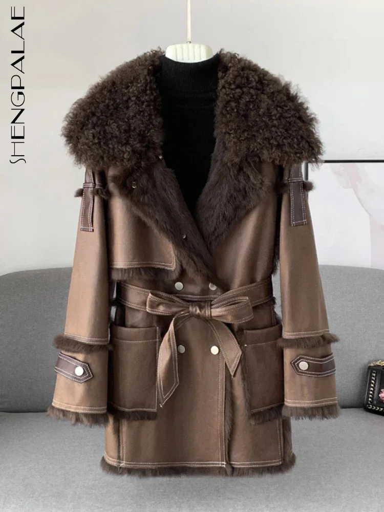 SHENGPALAE Vintage Faux Fur Coat For Women Lapel Double Breasted Full Sleeve Belt Solid Color Pockets New 2024 Clothing 5G133