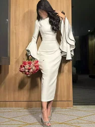 Adeli Elegant White Mermaid Prom Dress Women's O Neck Bell Sleeve Party Evening Gown Tea Length Saudi Formal Occasion Dresses