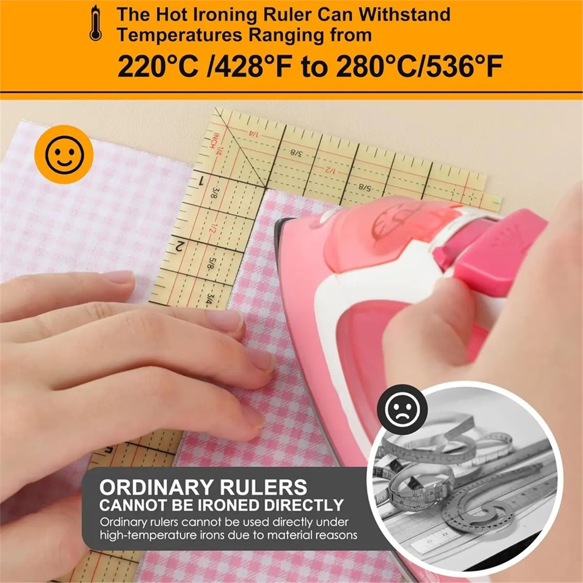 12x4 Inch Curved Hot Hem Ruler for Sewing, Seam Guide with Dry or Steam Press Options