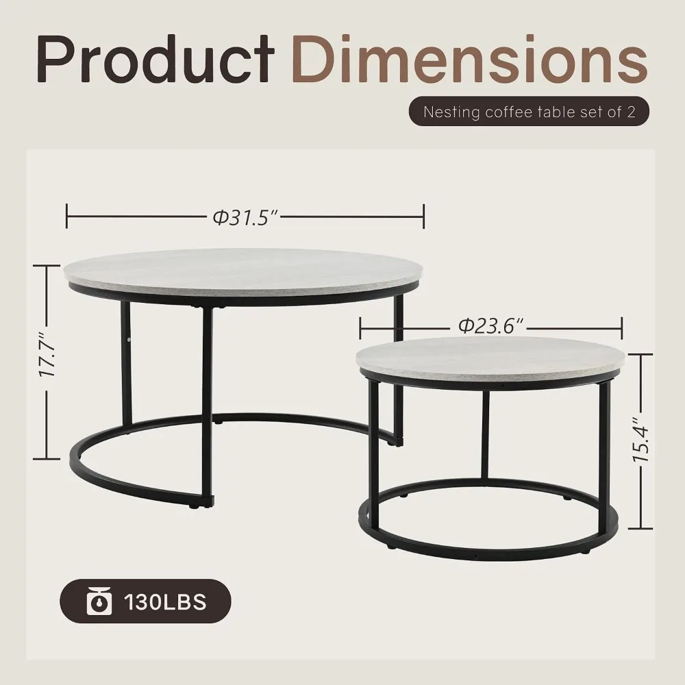 Nesting Tables Set of 2, Small Round Coffee Table for Living Room