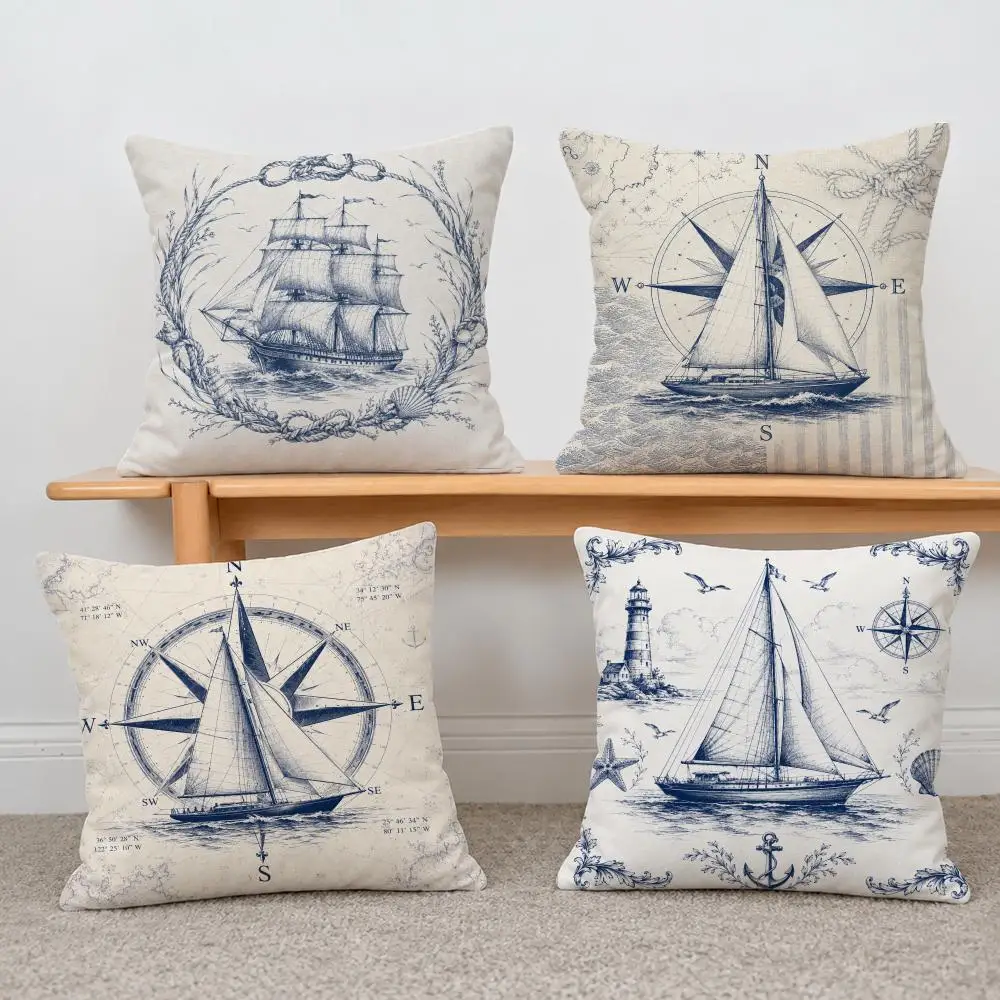 Pattern Sailing Sailboat Cushion Cover Short Plush Pillowcase, Sofa Bedroom Home Decor & Holiday Gift