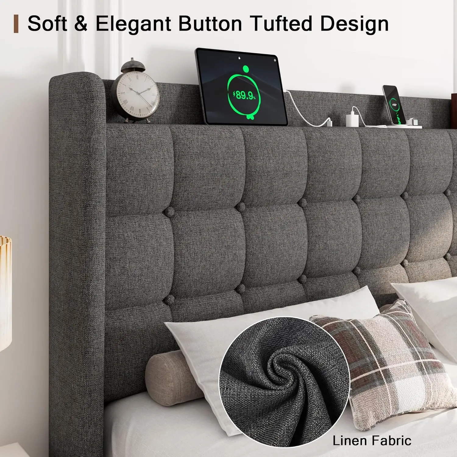 هيكل السرير، محطة شحن إطار السرير ذات المنصة، اللوح الأمامي للتخزين الخلفي الحديث، دعم شريحة من الخشب الصلب، لا حاجة إلى صندوق زنبركي