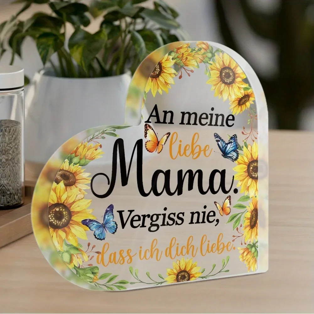CIFBUY Acrylic German Floral Butterfly Sunflower Plaque 2D Flat Heart Farmhouse Keepsake Ornament Home Desktop Decor Gift