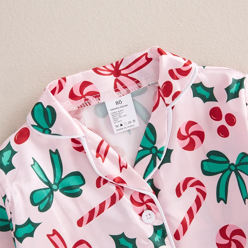 1-9Y Girl Christmas Pajama Sets Bow/Candy Cane Print Lapel Neck Button-up Tops Long Pant Loungewear Sleepwear Homewear